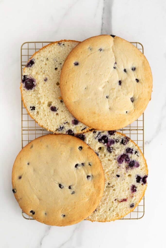 Two blueberry cakes sliced in half, showing the soft, blueberry-studded interior