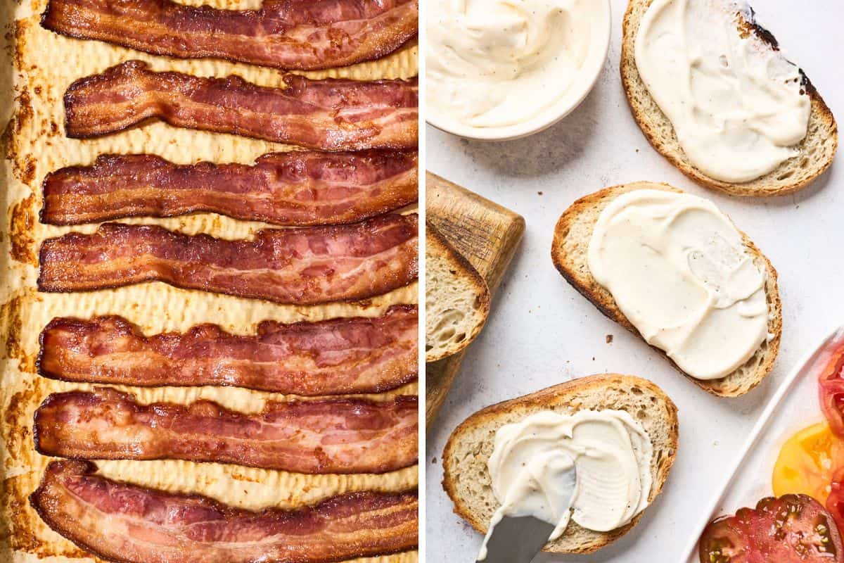 A collage of making a tomato sandwich recipe where bacon is being baked baked on a sheet pan and garlic aioli is being spread on toasted bread.