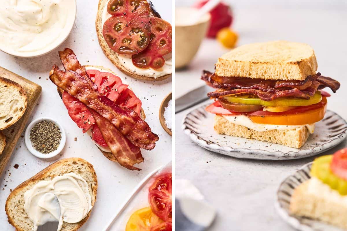 A collage of making a tomato sandwich with bacon and tomatoes being added to bread and then it is closed up to serve