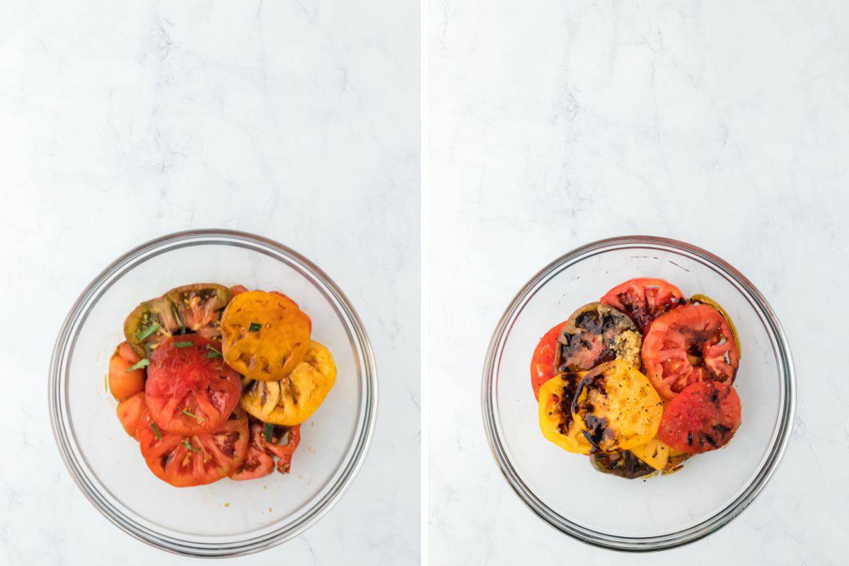 A collage of heirloom tomatoes seasoned in a clear bowl then drizzled with balsamic vinegar
