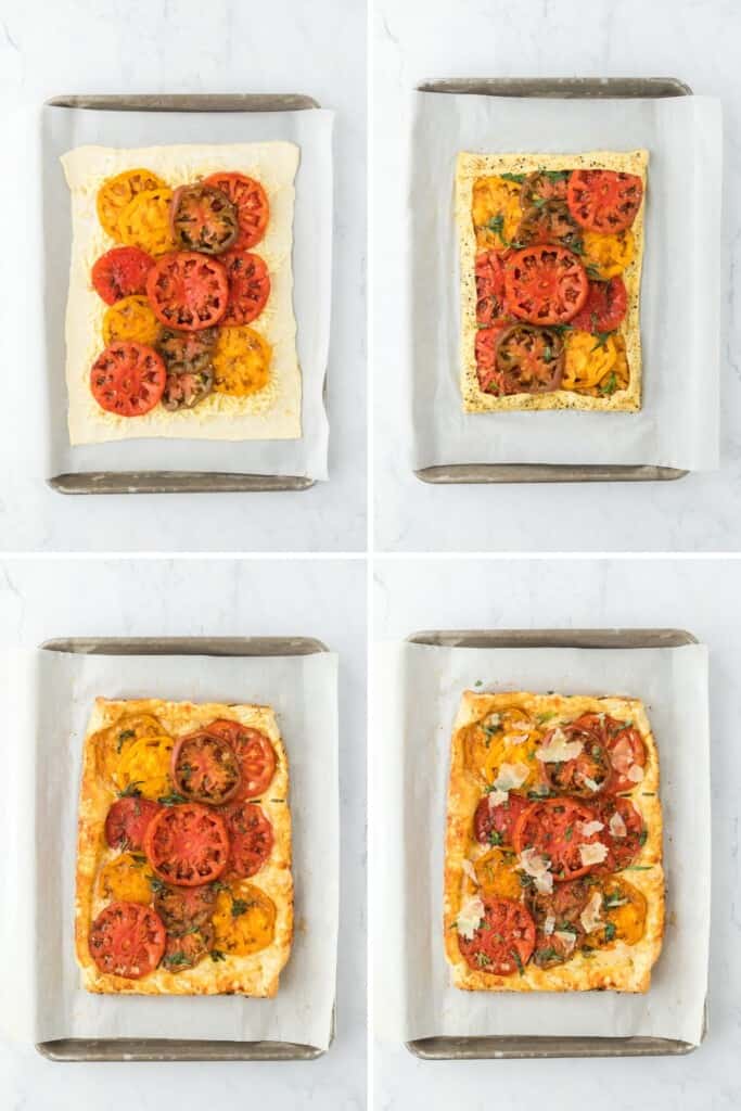 a collage of a tomato tart before and after it is baked