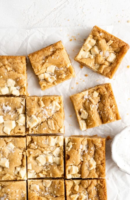 A close up of scattered blondies ready to enjoy