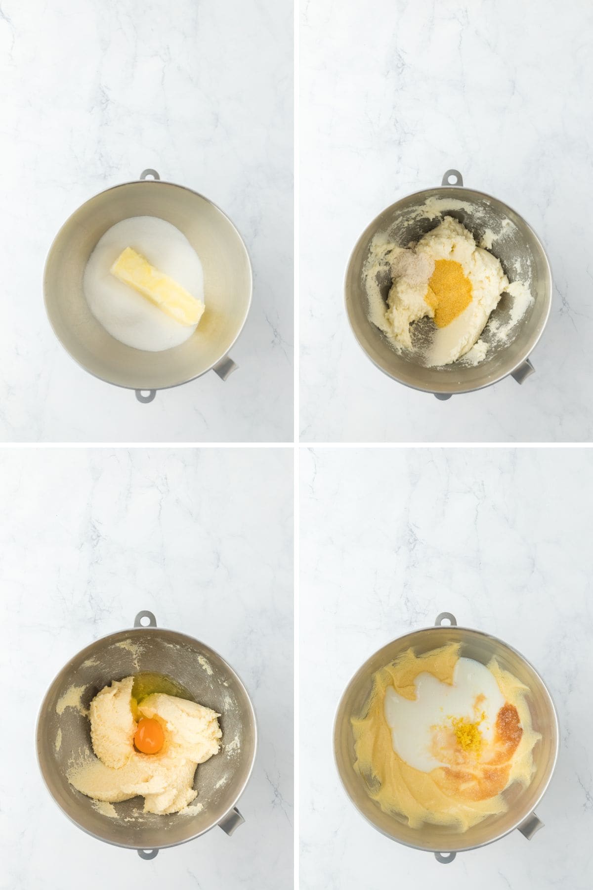 A collage of butter and sugar mixed along with eggs, vanilla, cornmeal and flour being added to make a pie filling on white background