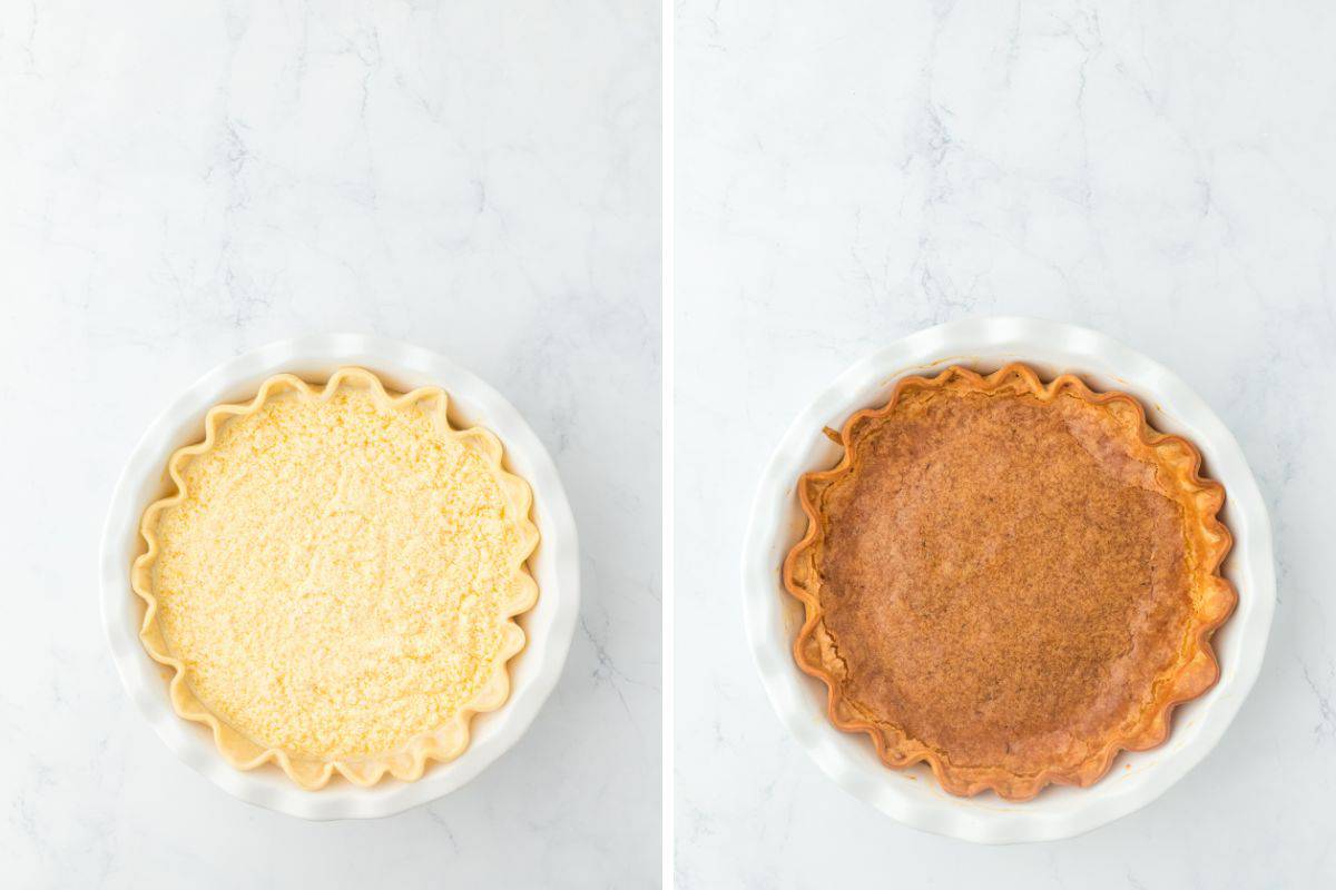 a collage of old fashioned chess pie before and after baking on white background