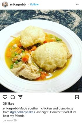 A bowl of chicken and dumplings ready to enjoy