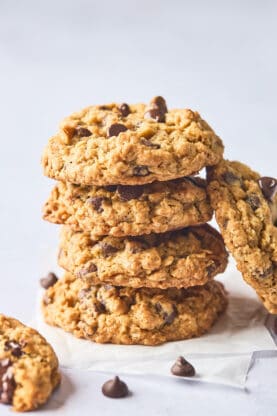 A stack of oatmeal cookies with chocolate chips after baking