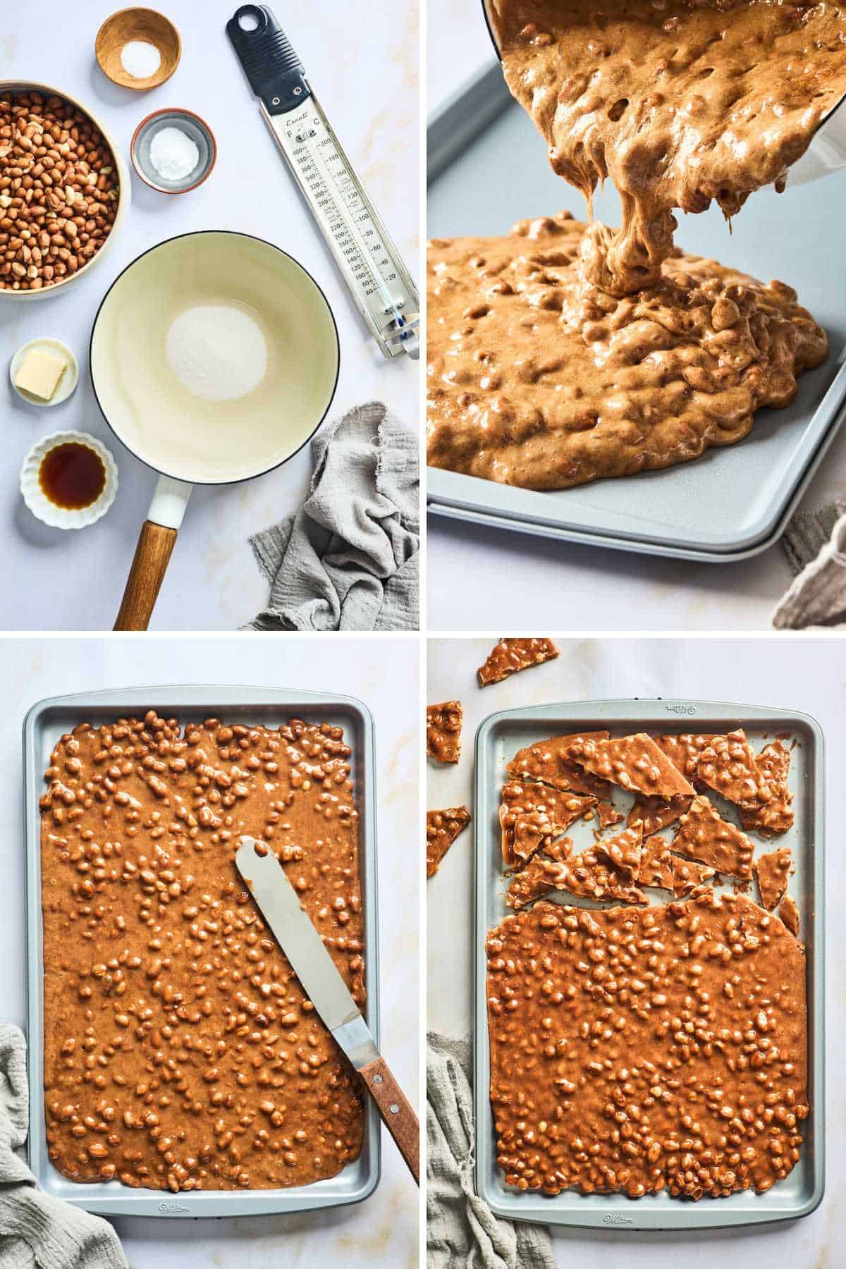 A collage showing the steps of making peanut brittle.