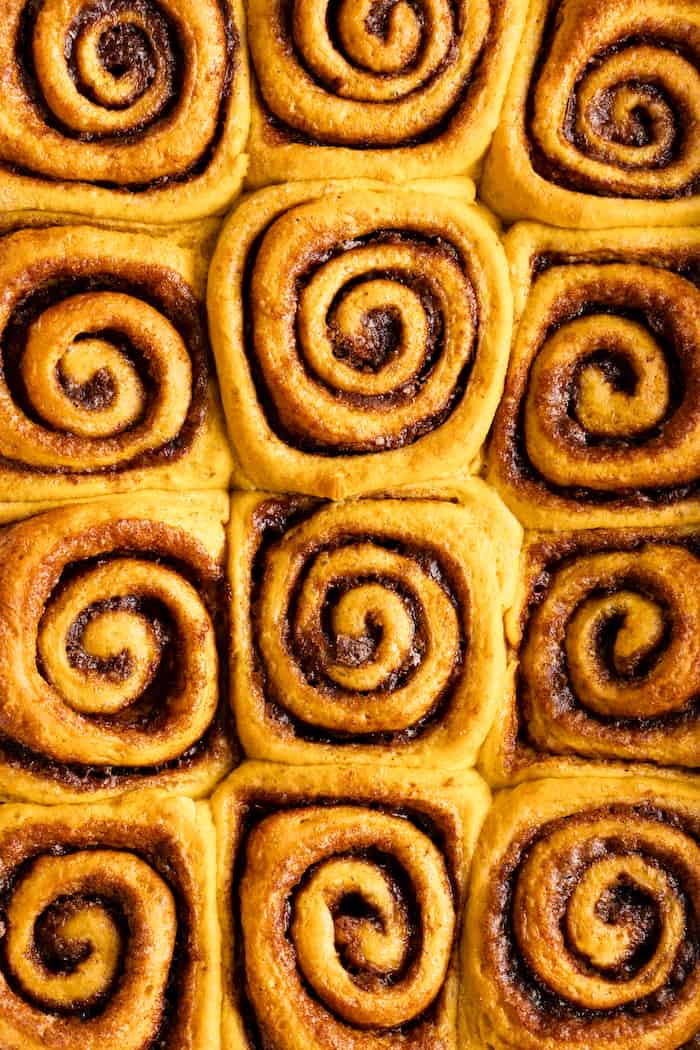 Cinnamon rolls made with sweet potato close up after baking