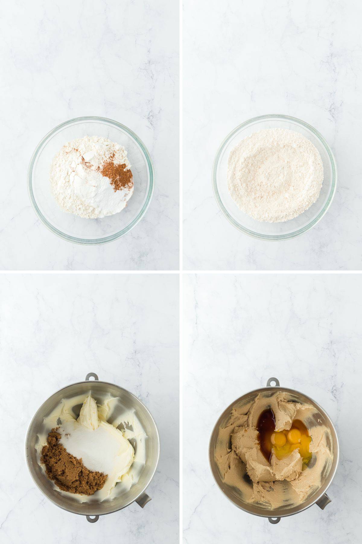 a collage of dry ingredients being mixed then butter and sugar being creamed and eggs and vanilla being added to a mixing bowl