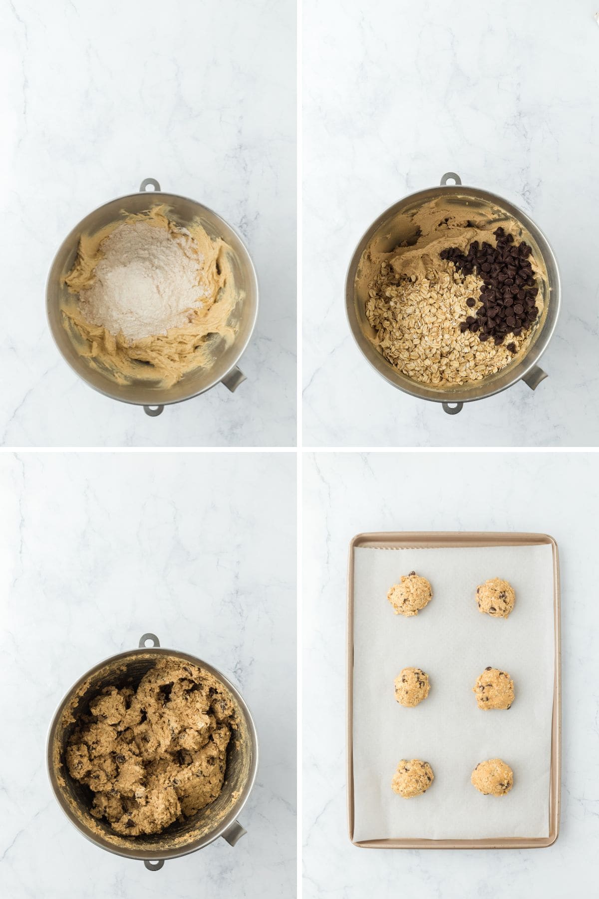 A collage of dry ingredients being added to a mixing bowl along with oats and chocolate chips then mixed until smooth and dough scooped on parchment lined cookie sheet
