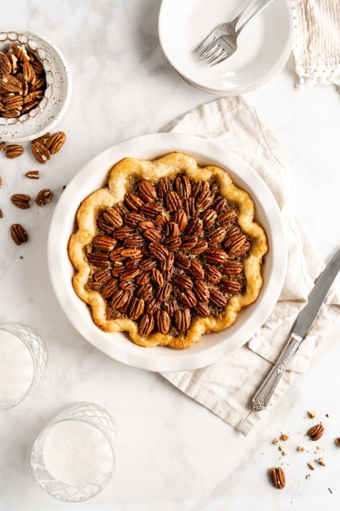 A completed chocolate bourbon pie after baking ready to enjoy