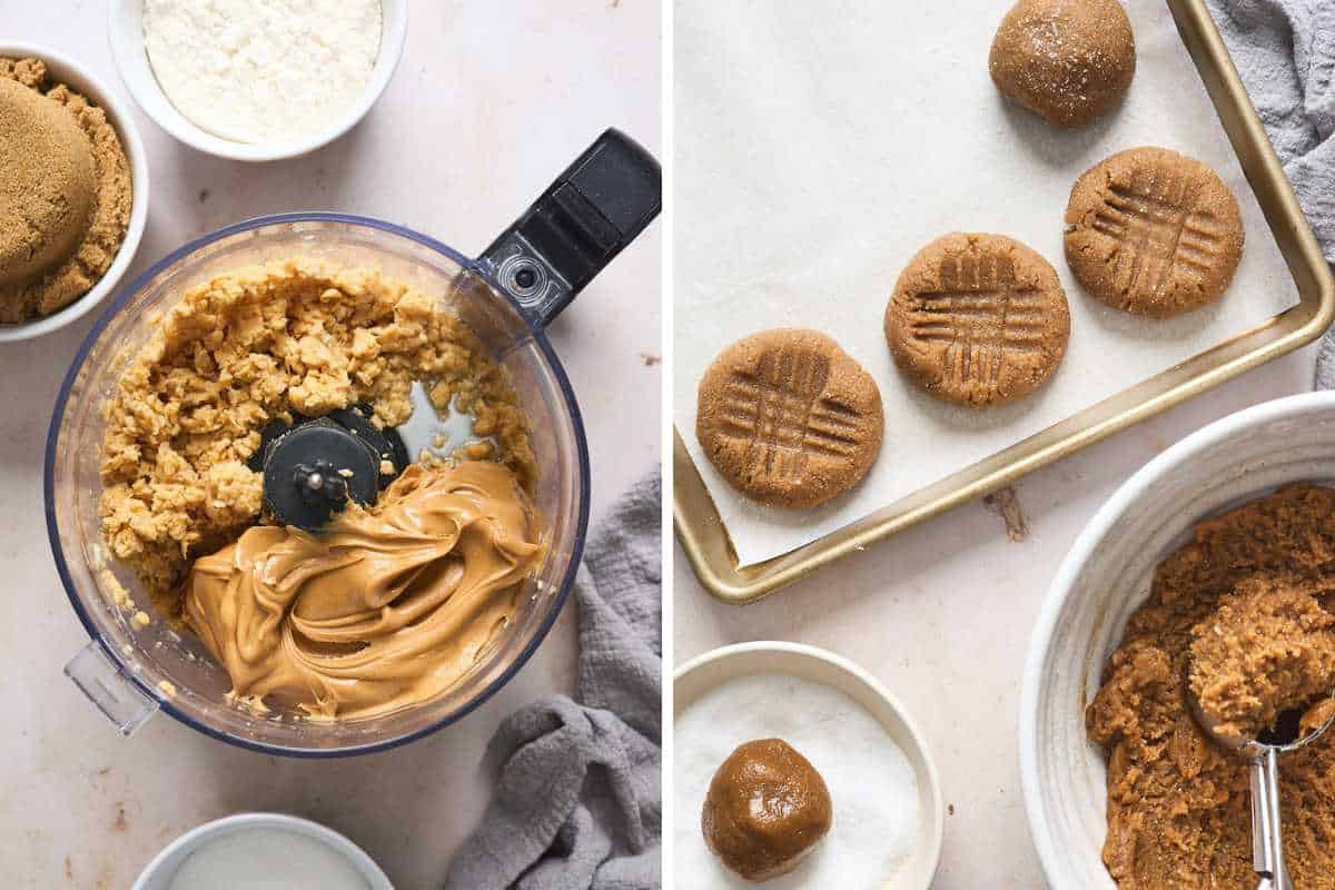 Chickpeas and peanut butter in a food processor bowl with brown sugar in a bowl