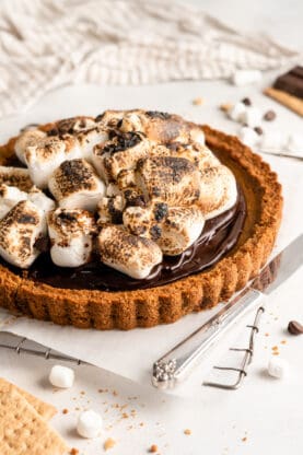A pumpkin pie with a chocolate ganache and toasted marshmallow topping in a close up against a white background