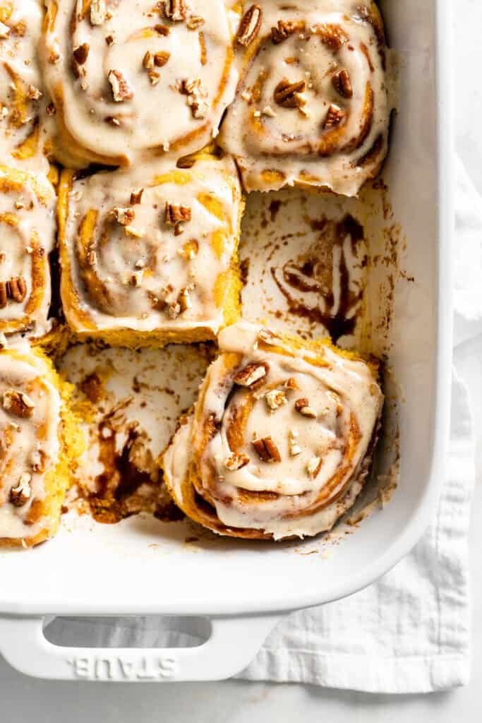 A close up of sweet potato cinnamon rolls