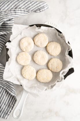 Biscuit rounds on parchment paper before baking