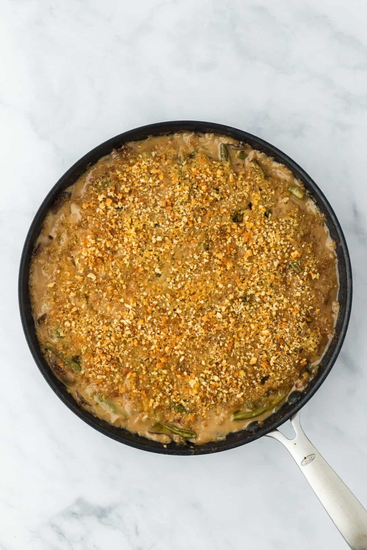 Crispy panko golden on top of bean casserole out of the oven cooling