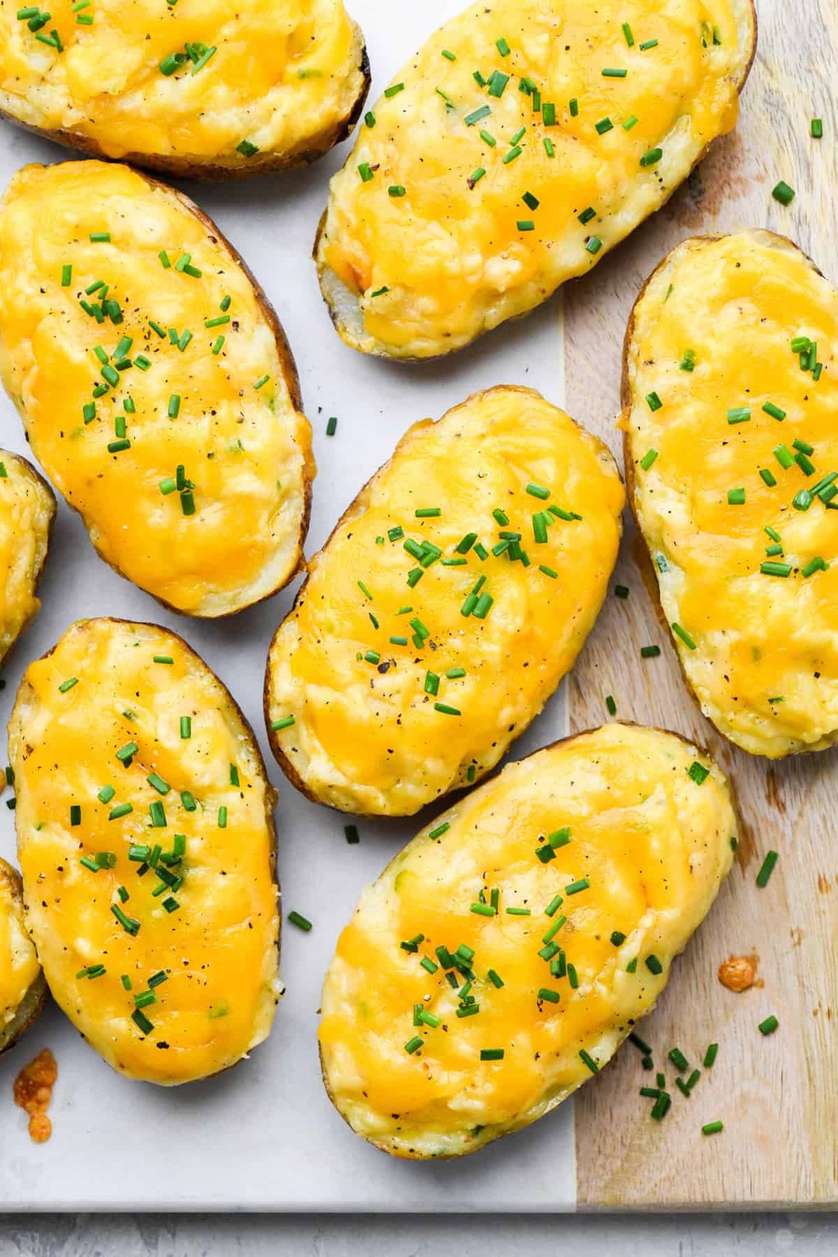 Twice baked baked potato recipe on a baking sheet after being baked