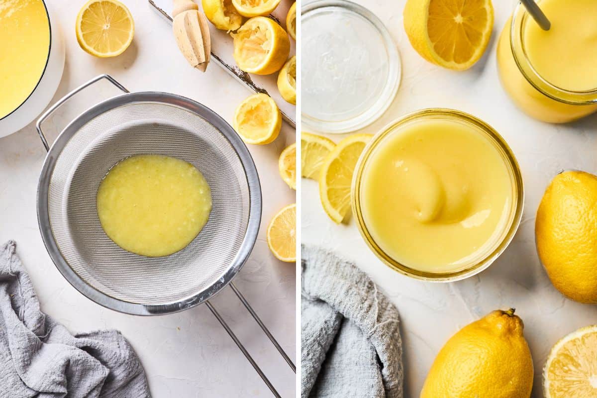 A collage of straining the lemon curd recipe before adding to a jar on a white background