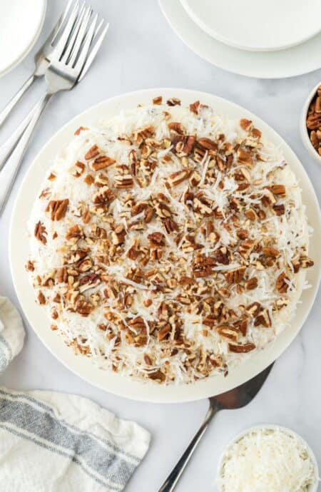 Overhead shot of the Italian cream cake on a plate