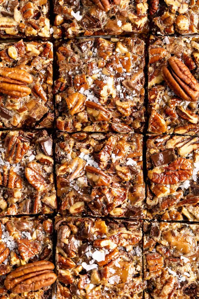 A close up of freshly baked pecan bars that are cut and ready to serve