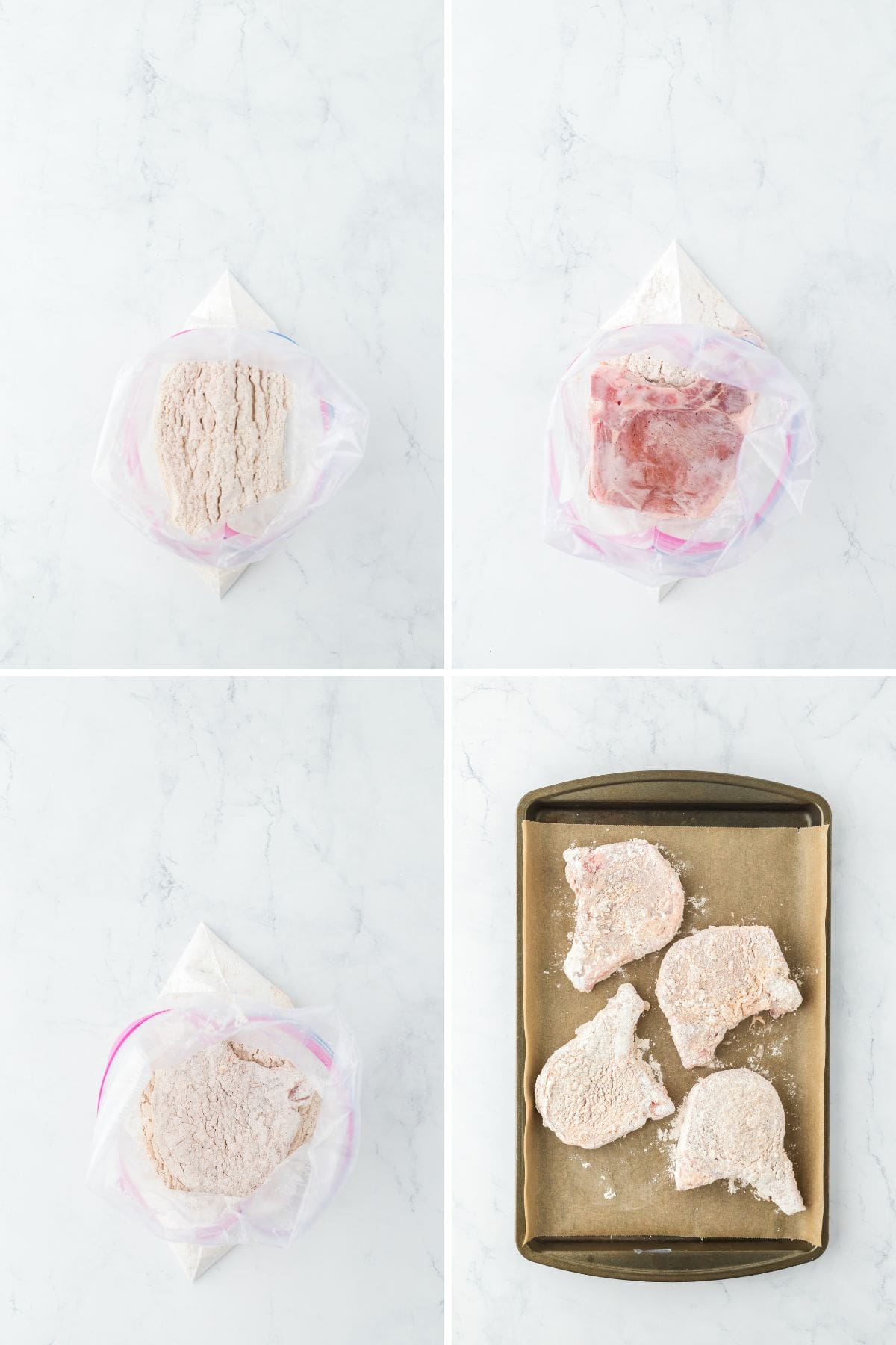A collage of pork chops being added to a dry ingredient mixture then set on a baking sheet lined with parchment