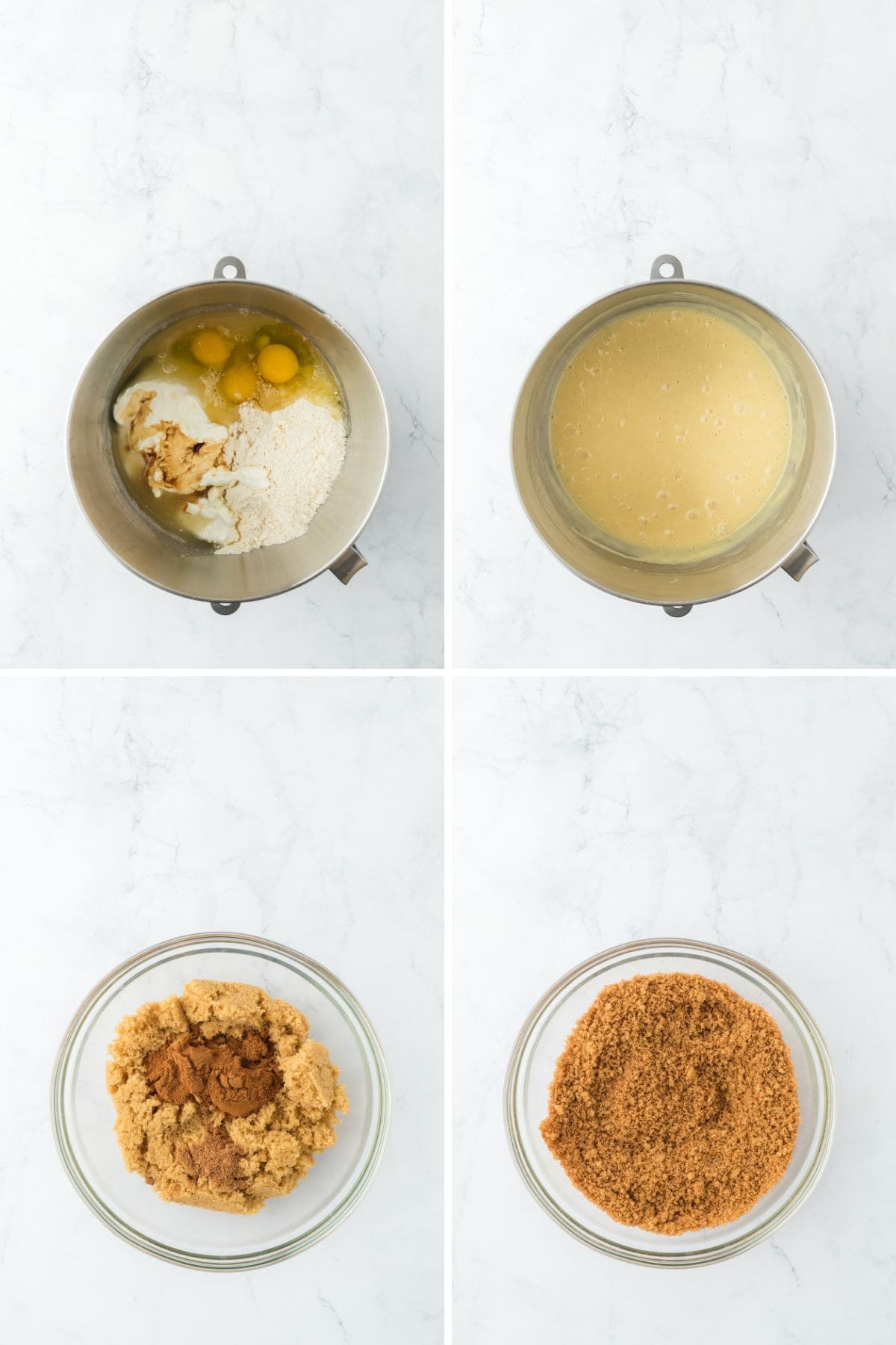 a collage of yellow cake mix before and after mixing and a brown sugar swirl being mixed in a bowl to make honeybun cake