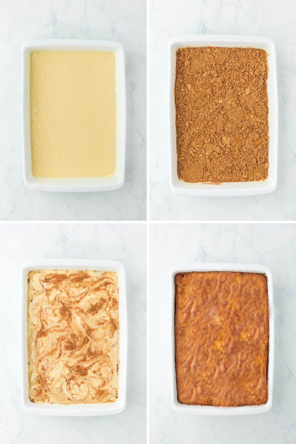 a collage of yellow cake mix in a baking dish then a cinnamon swirl being added and mixed in then finally baked