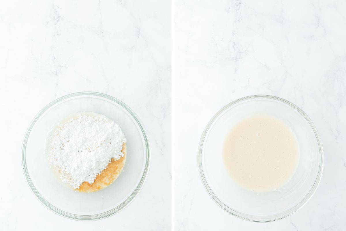 a collage of powdered sugar, milk and vanilla before and after it is mixed to make a cake glaze