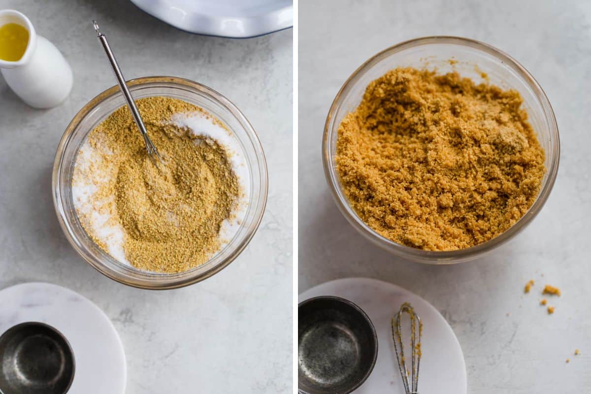 A collage of crushed graham crackers in a bowl with sugar whisked together and mixed with butter until wet