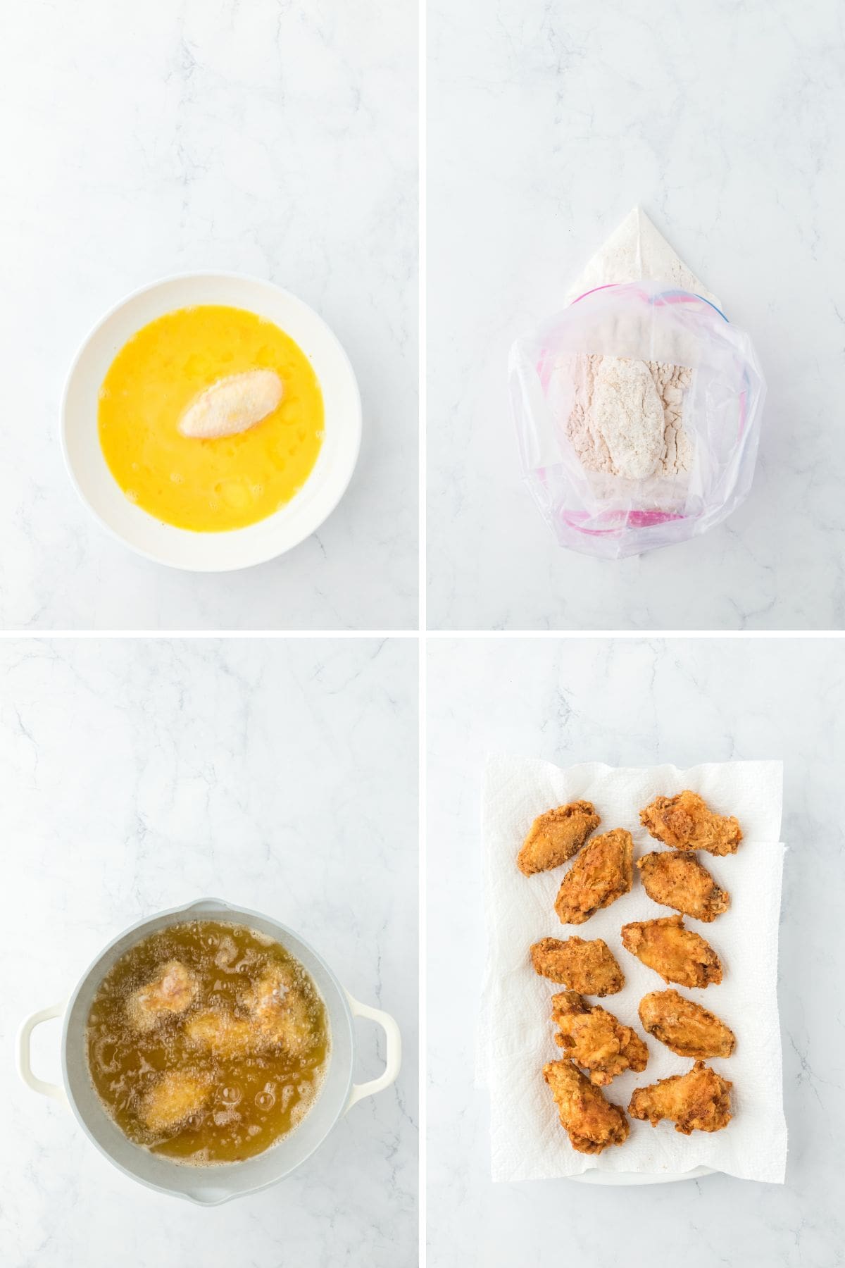 A collage of a chicken wing in an egg bath then added to a seasoned flour then fried in oil and fried wings on paper towels draining