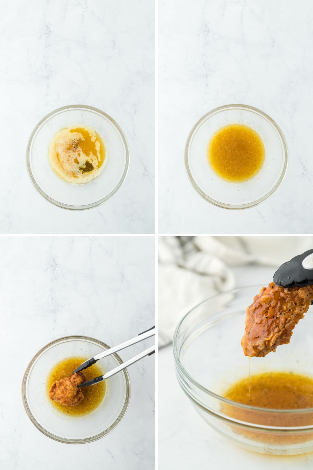 A collage of wet lemon pepper wing sauce being whisked then a chicken wing being coated in the sauce and coming out of it coated