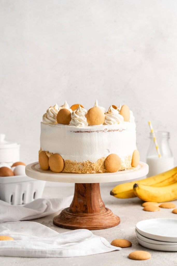 A finished banana pudding layer cake ready to serve