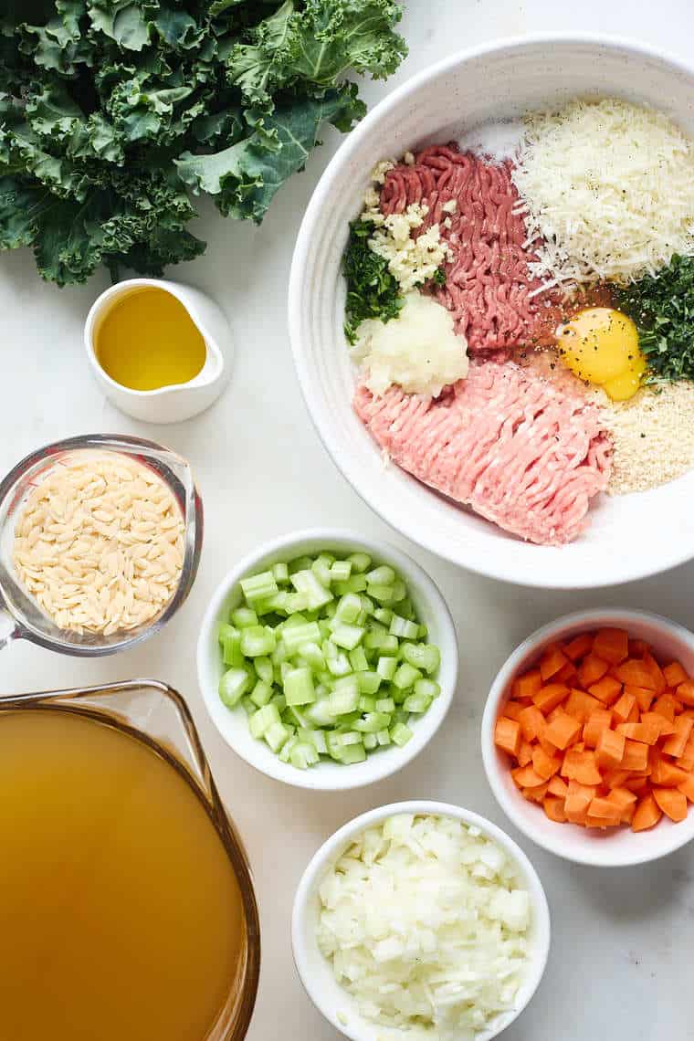 Ingredients to make meatballs and a soup broth
