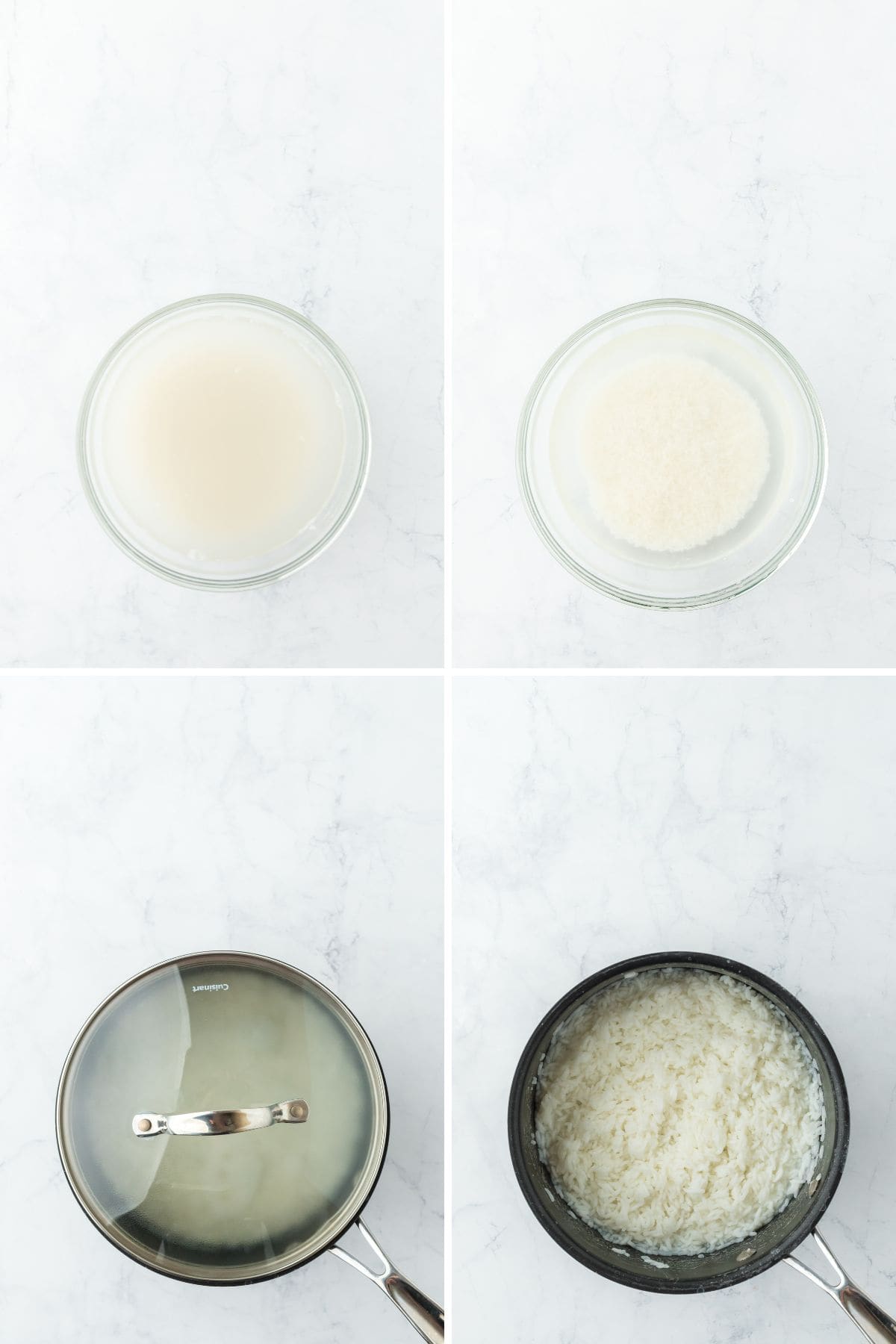 A collage of basmati rice being rinsed in water then being cooked in a pot until fluffy