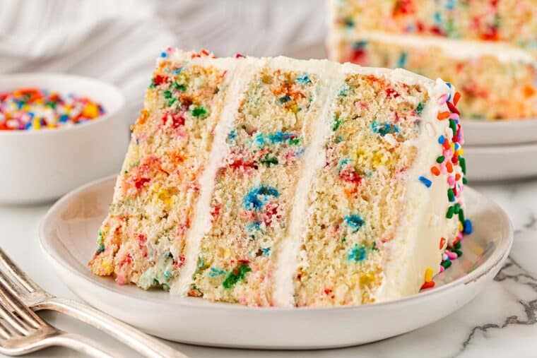  A close up of a slice of funfetti cake on a white plate