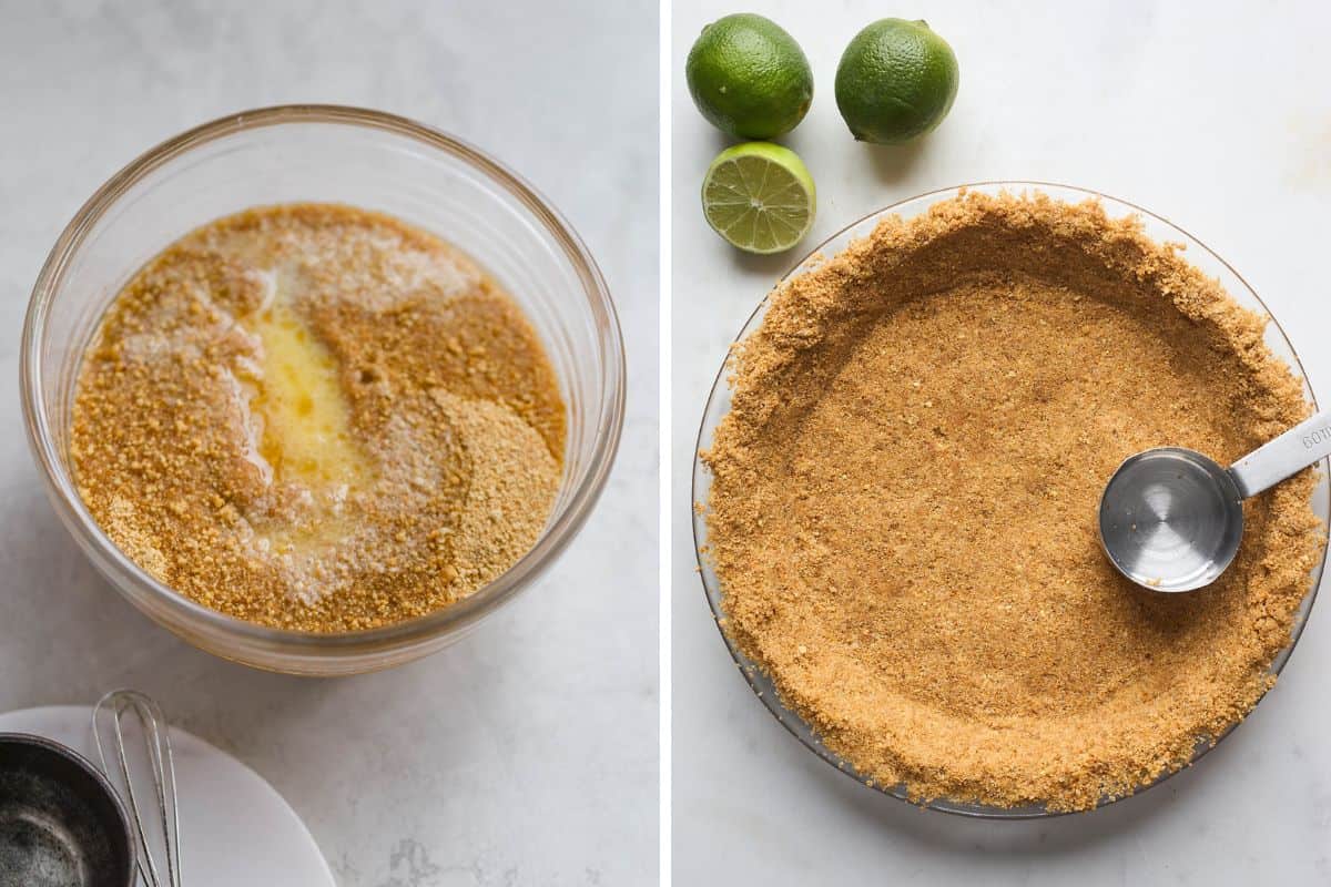 A collage of butter, sugar and graham cracker crumbs in a clear bowl before mixing and pressing into a pie plate