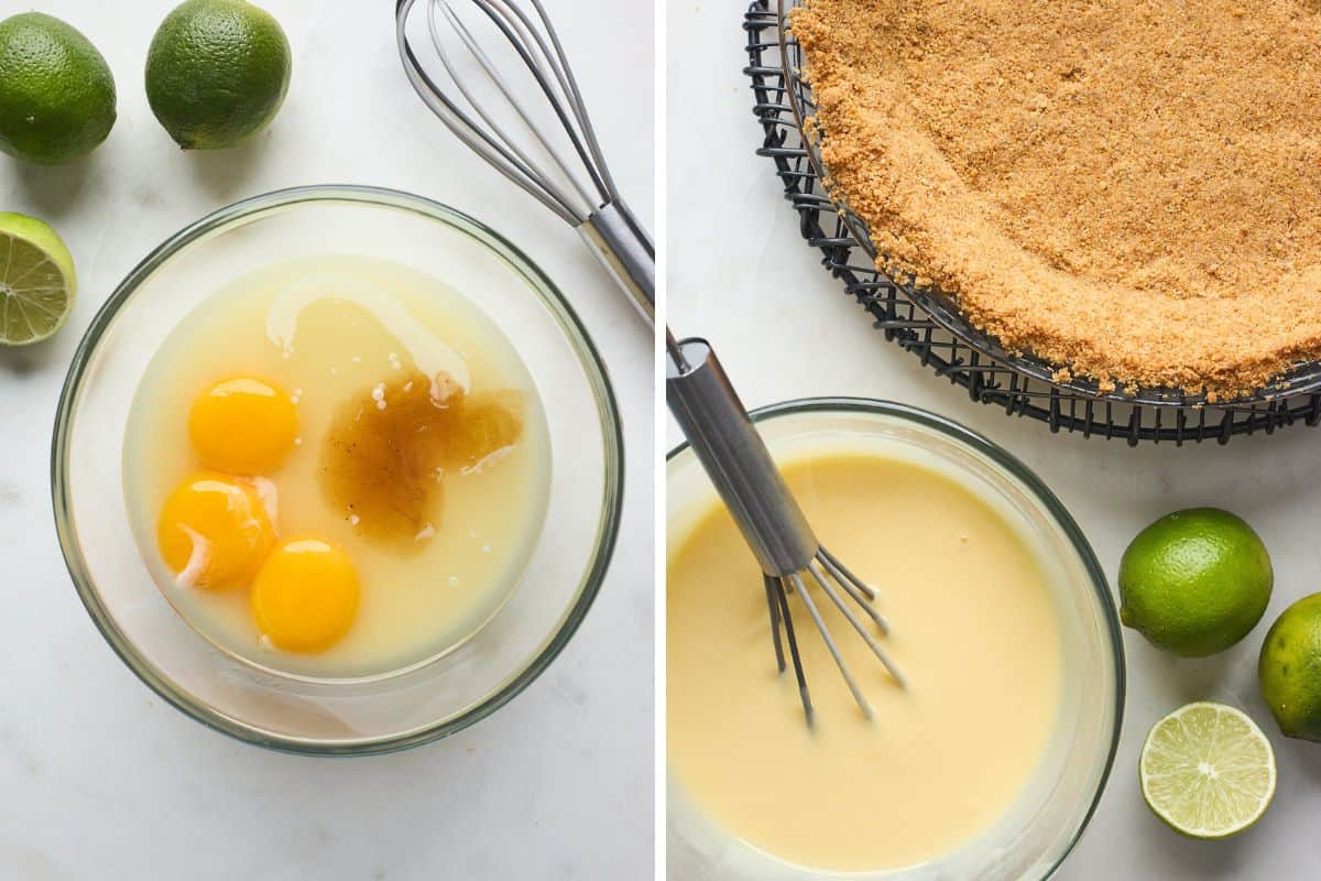 A collage of egg yolks, key lime juice, condensed milk and vanilla and it whisked up before adding to a baked graham cracker crust.