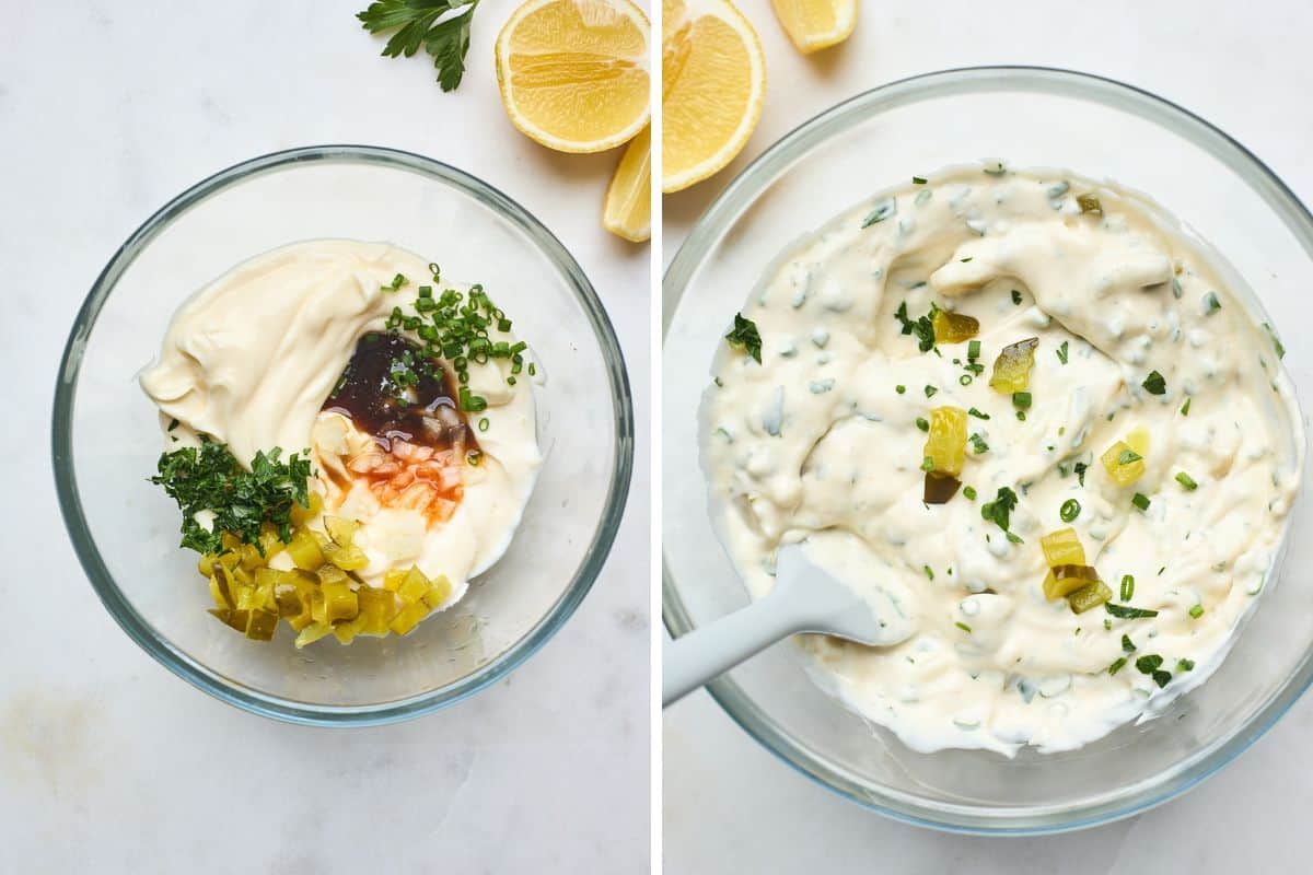 a collage of making quick tartar sauce of mixing ingredients until smooth