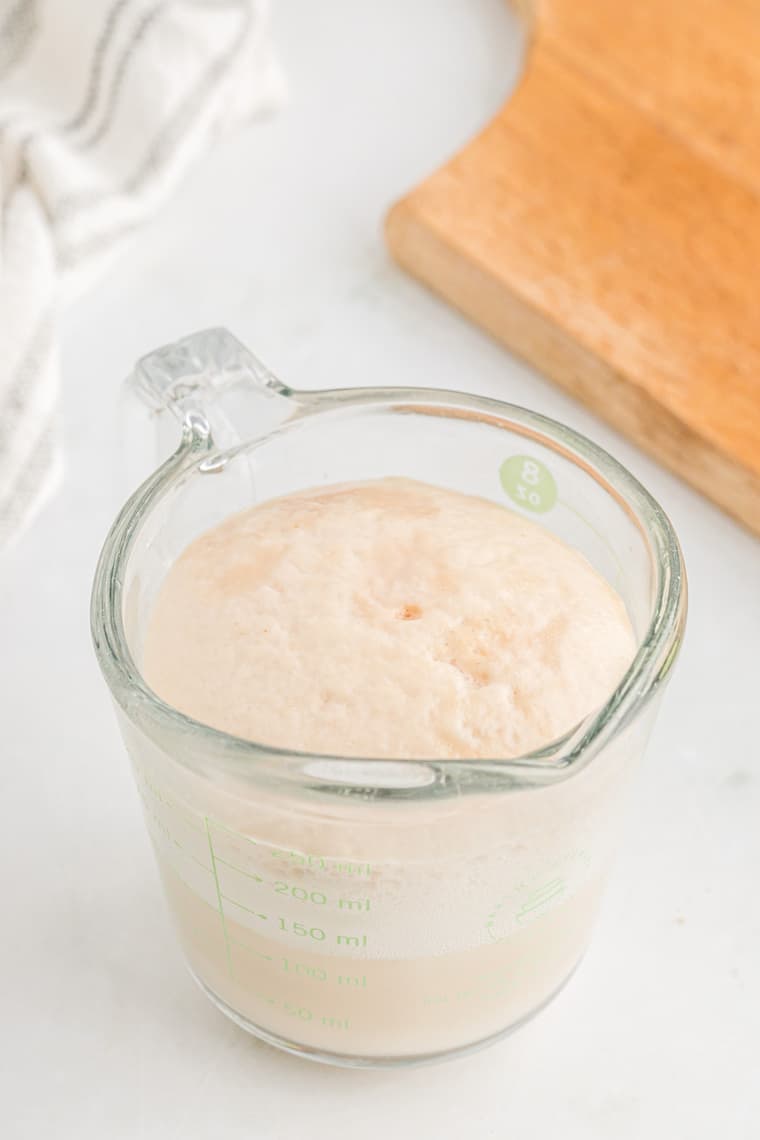 Yeast in a glass measuring cup in a tutorial on how to activate yeast faster