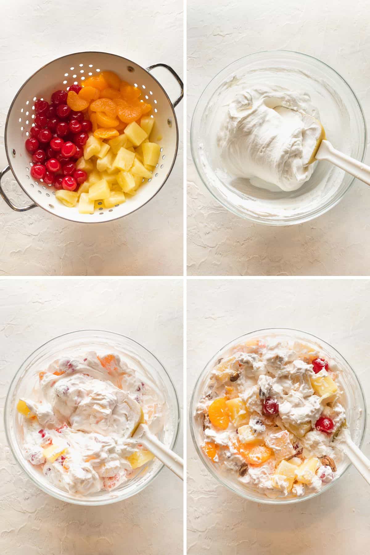 a collage of fruit being drained then a creamy mixture being stirred before adding to the fruit along with other ingredients for an ambrosia fruit salad