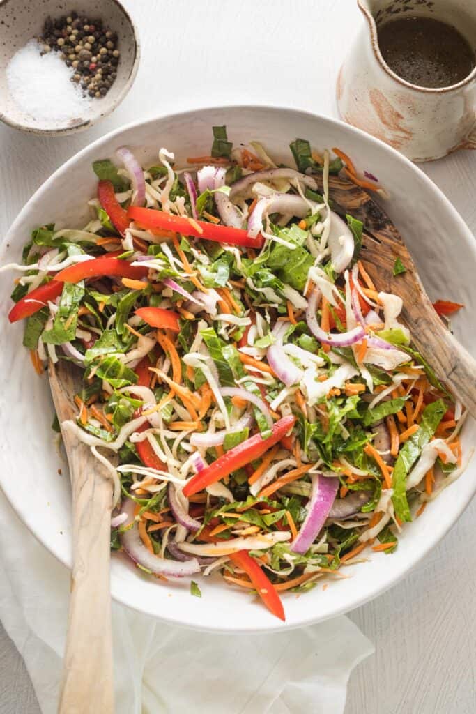 An overhead of a coleslaw recipe vinegar ready to serve