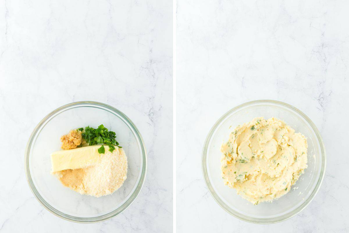 A collage of butter, garlic, herbs in a clear bowl before and after being mixed up