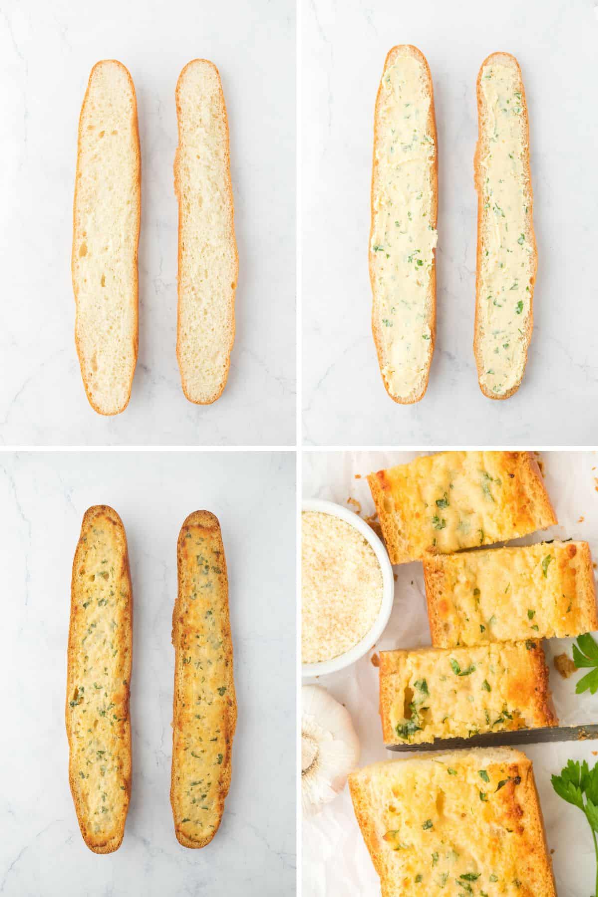 A collage of a baguette being split in half, garlic bread spread being added then baked and cut into slices