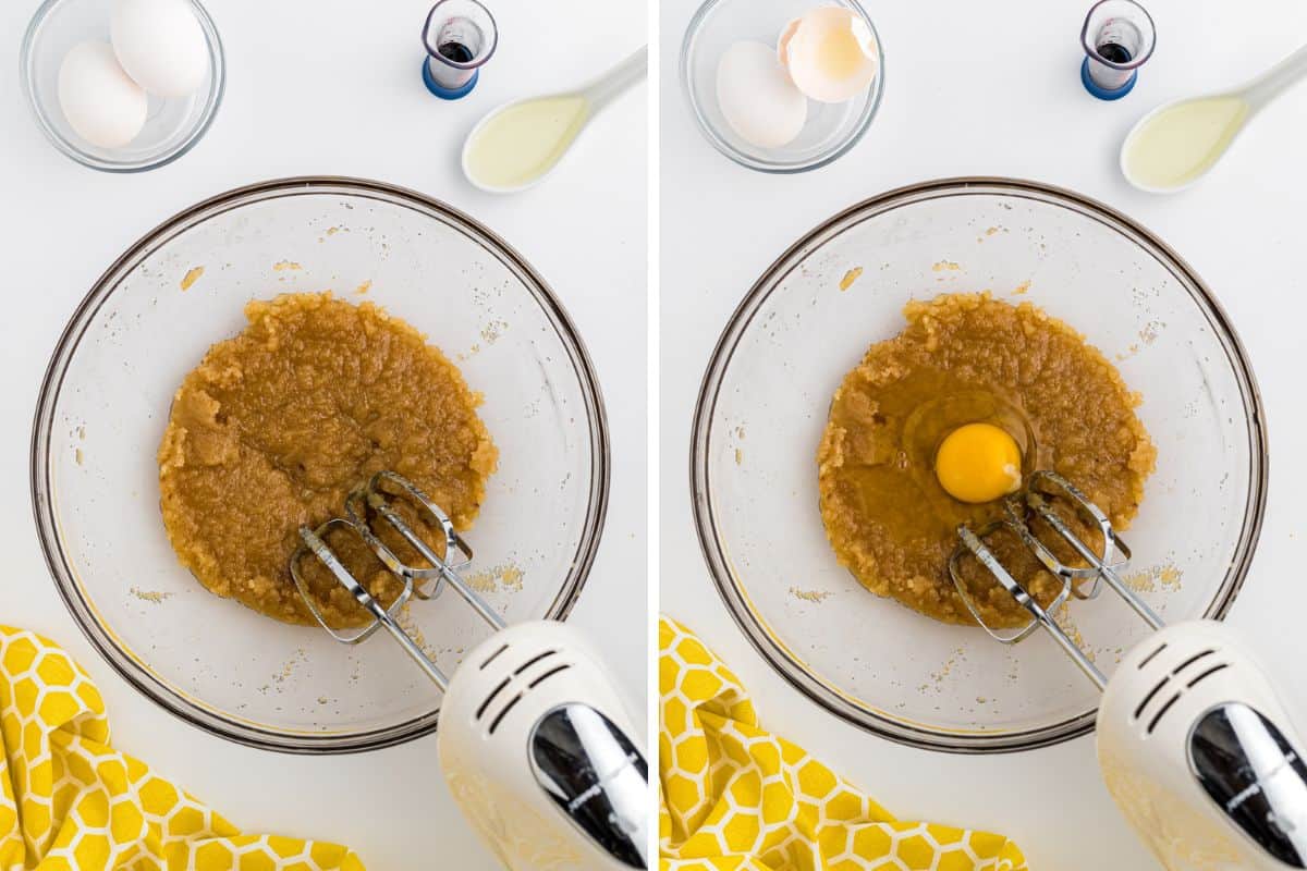A collage of butter and sugar being creamed then eggs and oil being added to a clear bowl