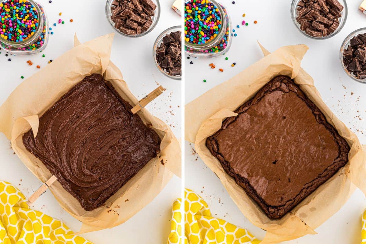 A collage of brownie batter in a pan then baked up on a white background