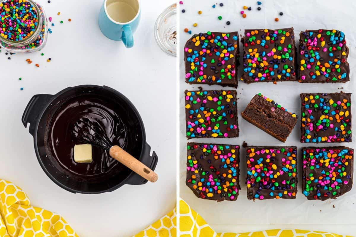 A collage of chocolate ganache frosting being added to cosmic brownies recipe then cut into squares with rainbow chocolate chips