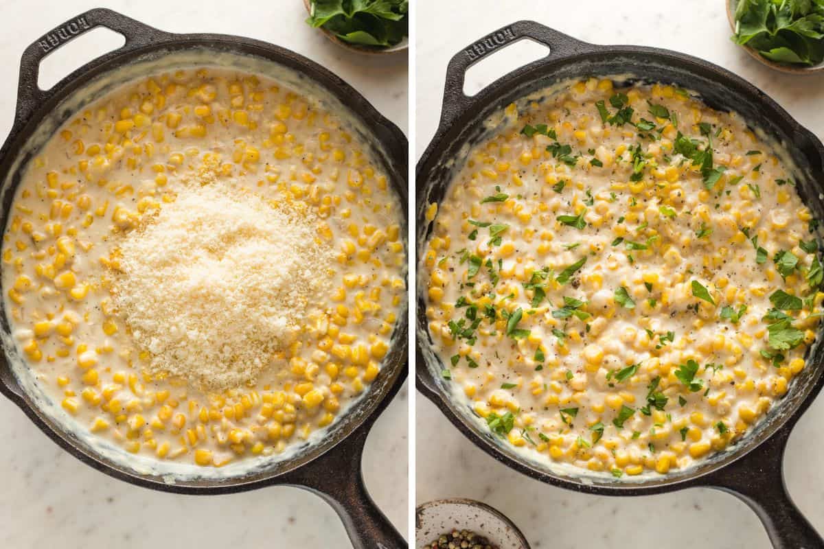 A collage of cream corn in a cast iron skillet with parmesan cheese and then mixed up with parsley