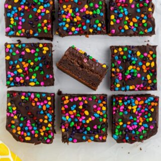 Nine cosmic brownies with one turned on its side in the center