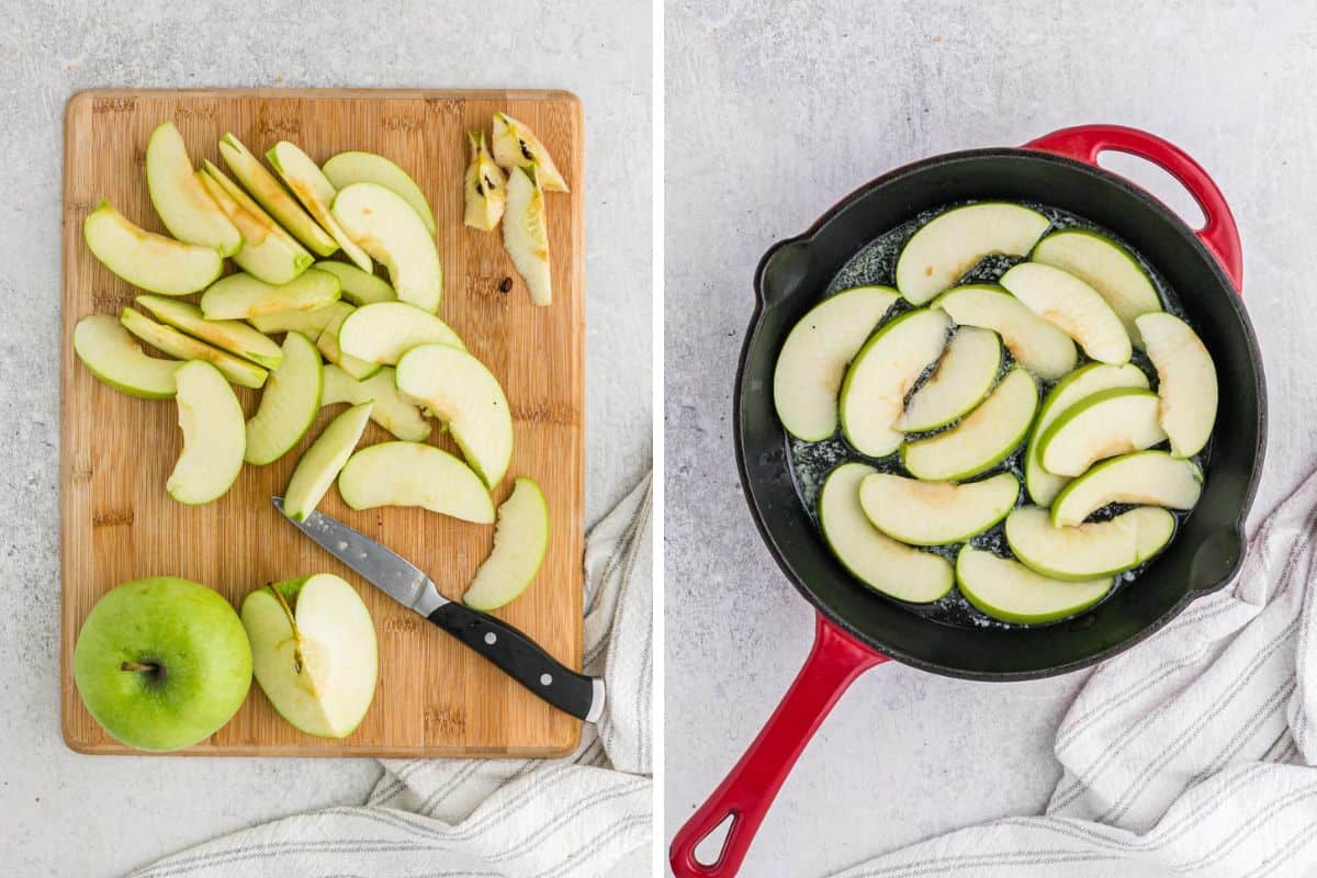 A collage of apples being cored and sliced on a wooden cutting board then added to a skillet to cook