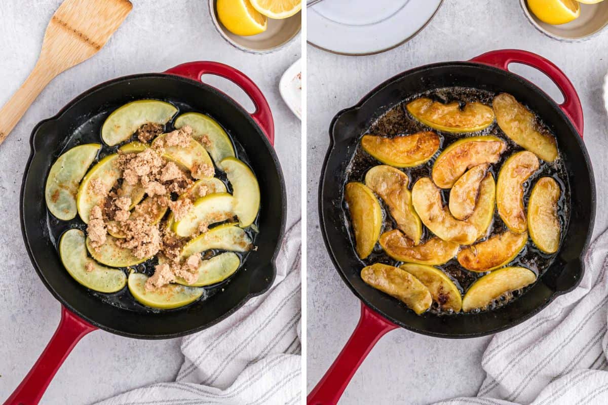 A collage of apple slices in a skillet frying with brown sugar then caramelized with spices added